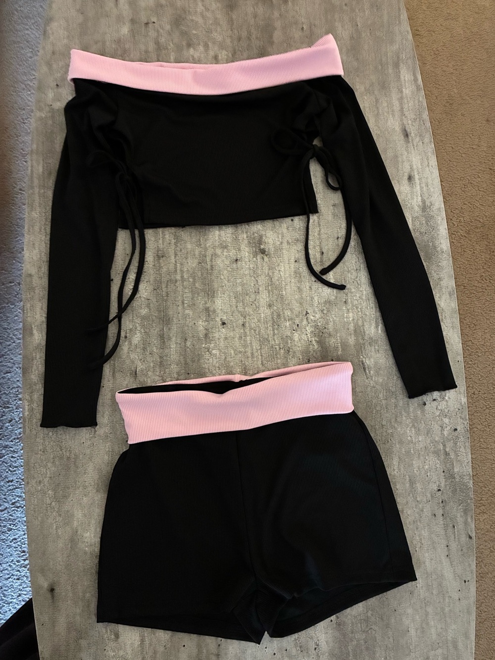 Black Two-Piece Crop Top & Shorts with Pink Trim set